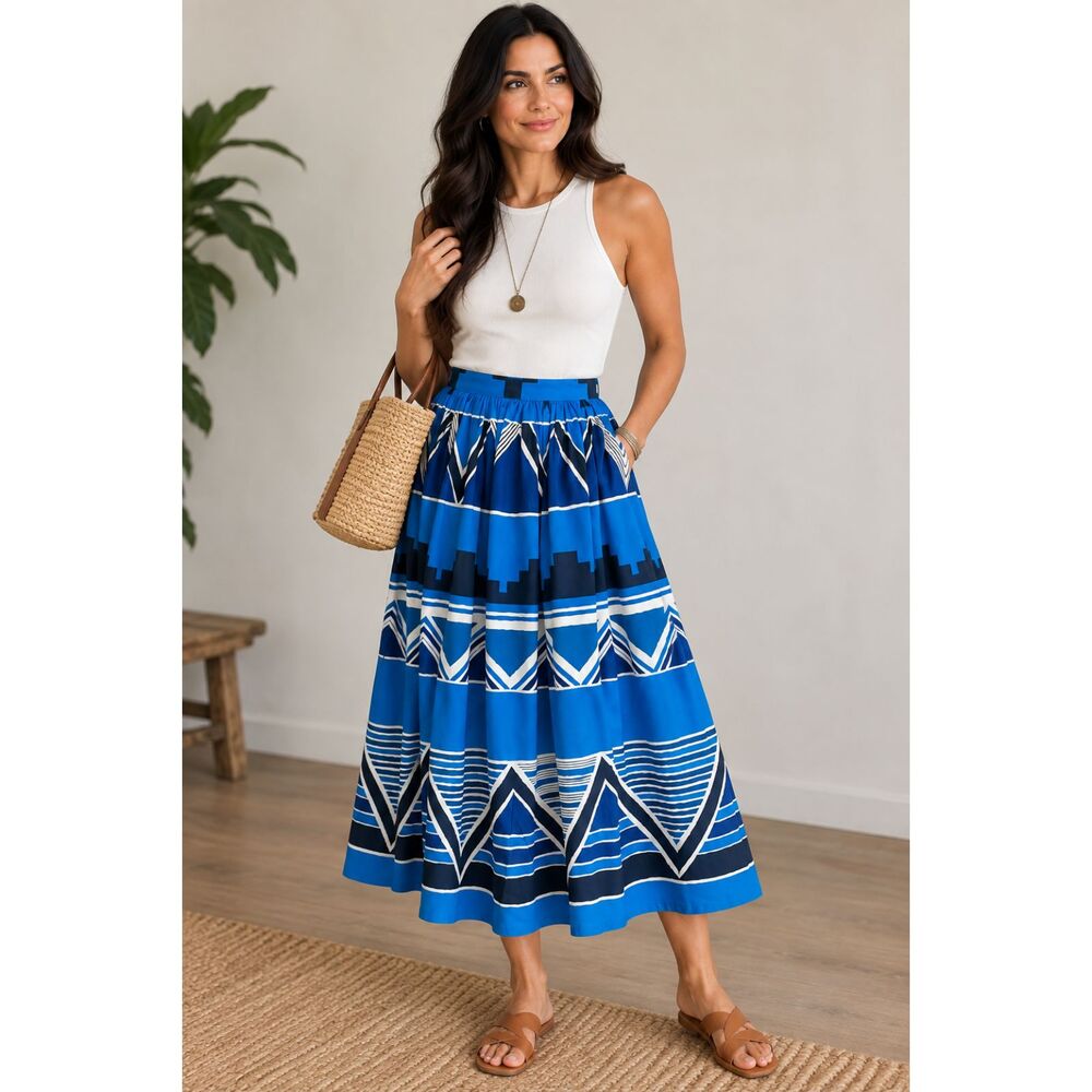 Vintage Carole Little Saint-Tropez West 100% Silk Geometric Midi Skirt Sz 10
